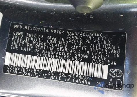 2011 Toyota Corolla Le из США, поврежденный, VIN 2T1BU4EE4BC555888